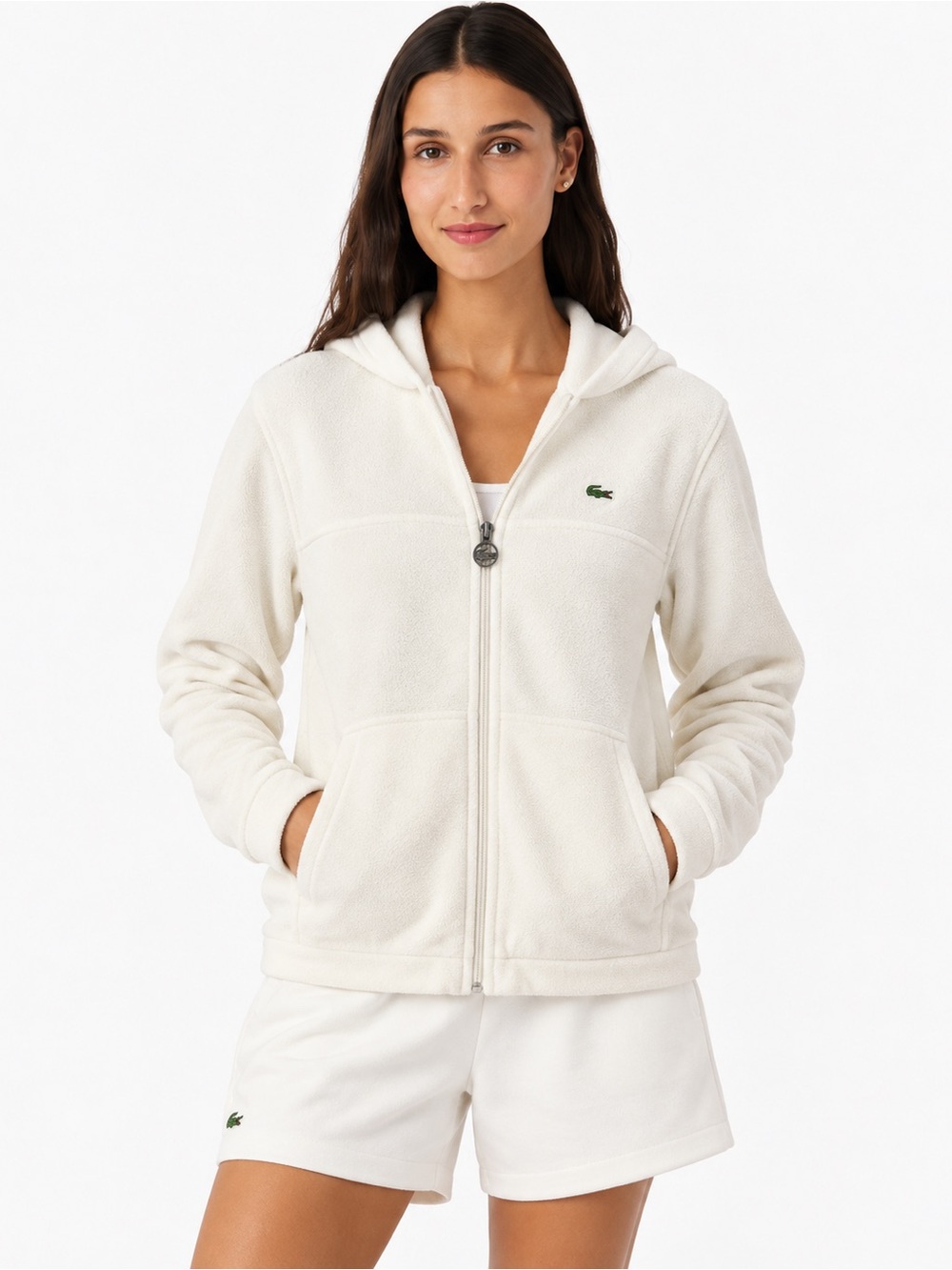Lacoste Cream Zip-Up Hooded Fleece Jacket